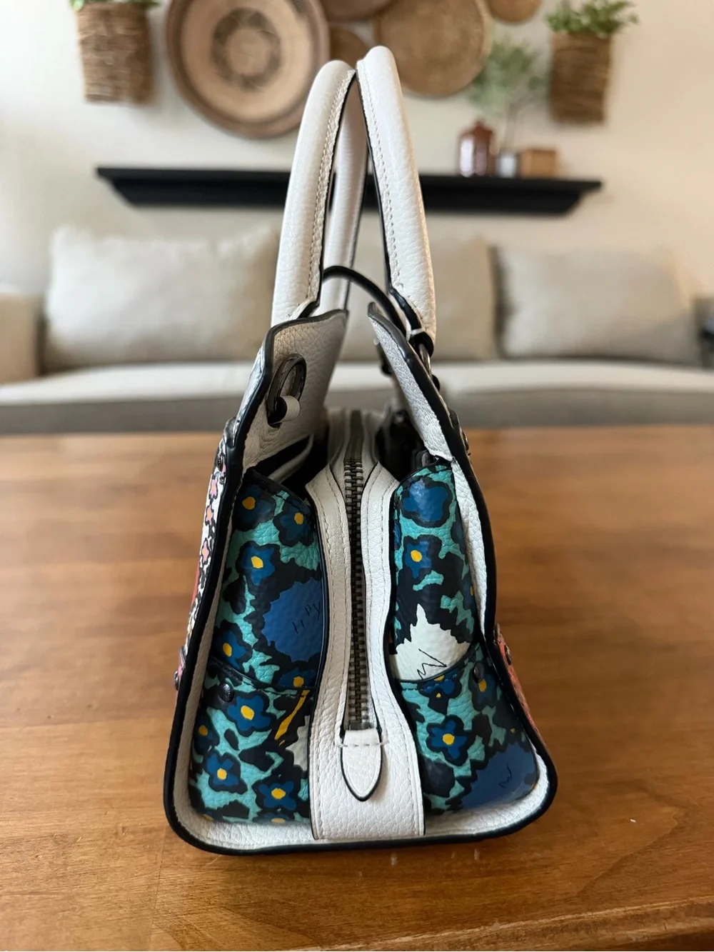 Coach Floral Print Satchel in Multi with White Handles
